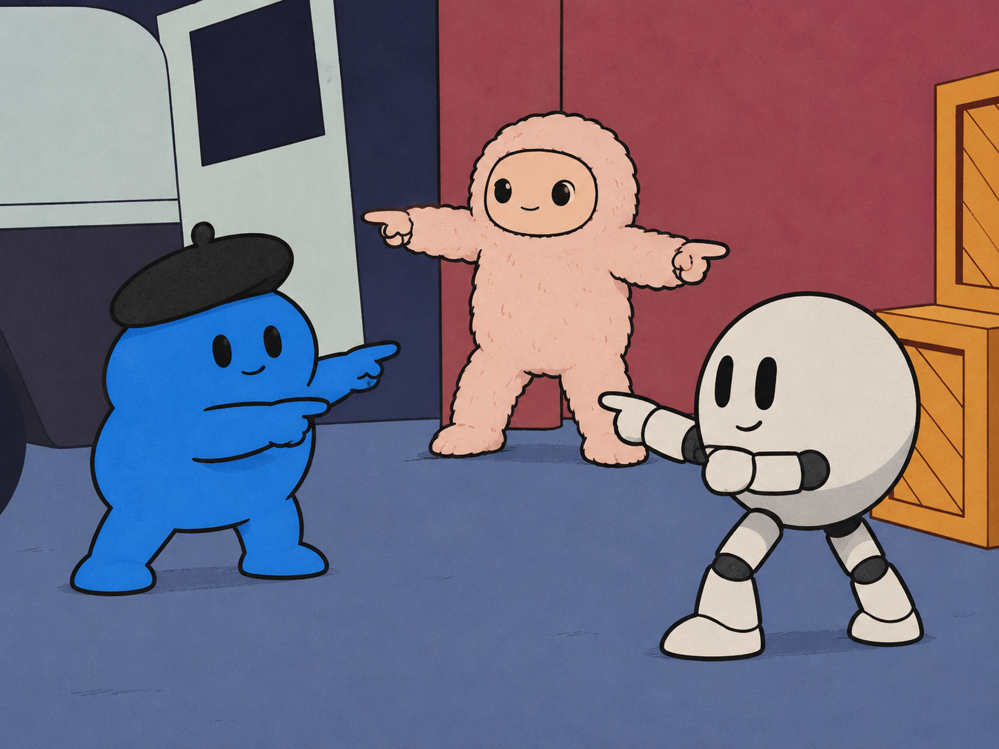 Tibo, a blue friend in a beret; Poteto, a little white robot; and Alex, a fluffy pink friend, all pointing at each other.